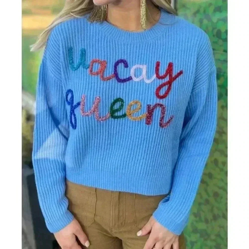 Queen of Sparkles Vacay Queen Blue Sweater Size XXL